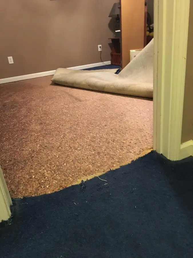 Carpet pad removal revealing water damage during Water Mitigation Services in Richland Hills